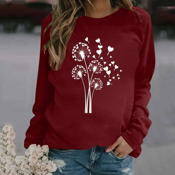 Fznquz Fall Womens Tops Under $10 Red Long Sleeve Graphic T Shirt Crewneck Casual Loose Womens Clothing