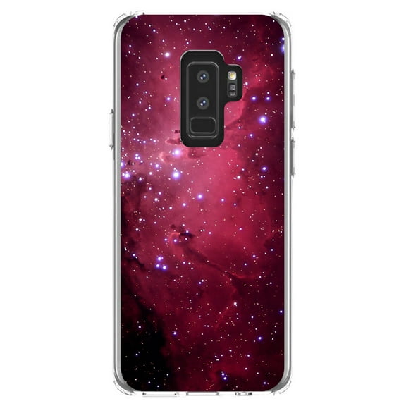 DistinctInk Clear Shockproof Hybrid Case for Samsung Galaxy S9 PLUS (6.2" Screen) - TPU Bumper, Acrylic Back, Tempered Glass Screen Protector - Hot Pink Black Stars Nebula - Astronomy