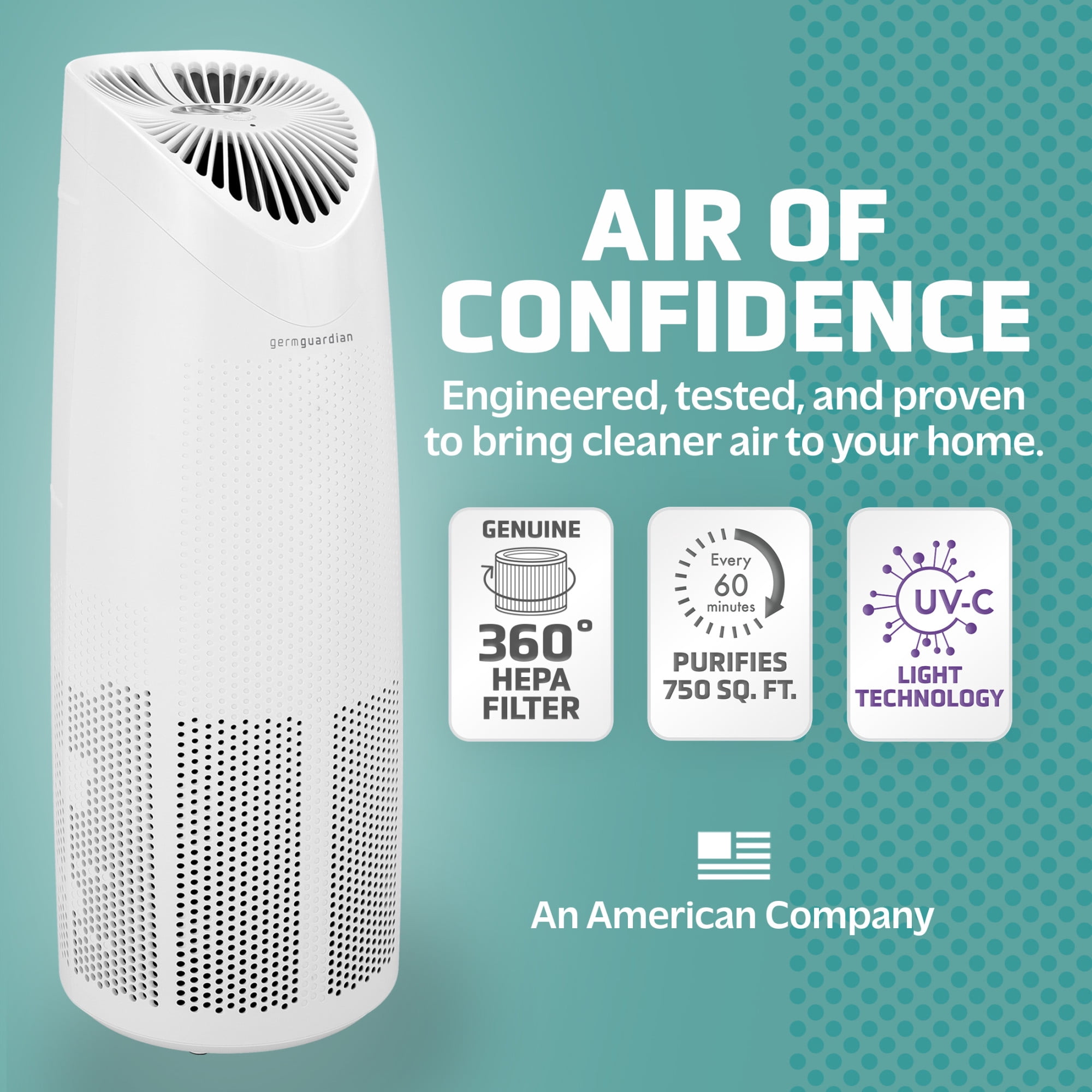 GermGuardian 750 Sq. ft HEPA Filter Tower Air Purifier with UV-C Light, White, AC4625WDLX