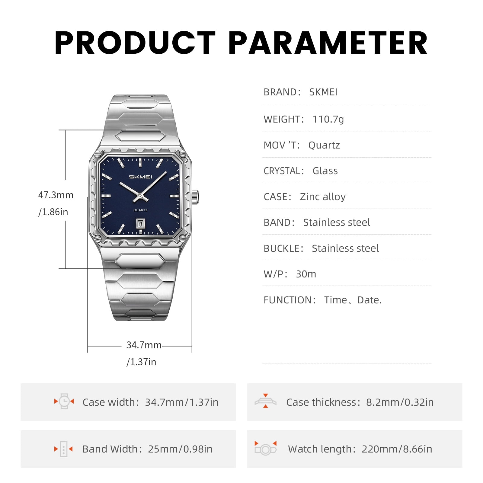SKMEI Watches for Men Fashion Business Mens Watch Analog Quartz Big Face Luxury Classic Stainless Steel Waterproof Luminous Wristwatch