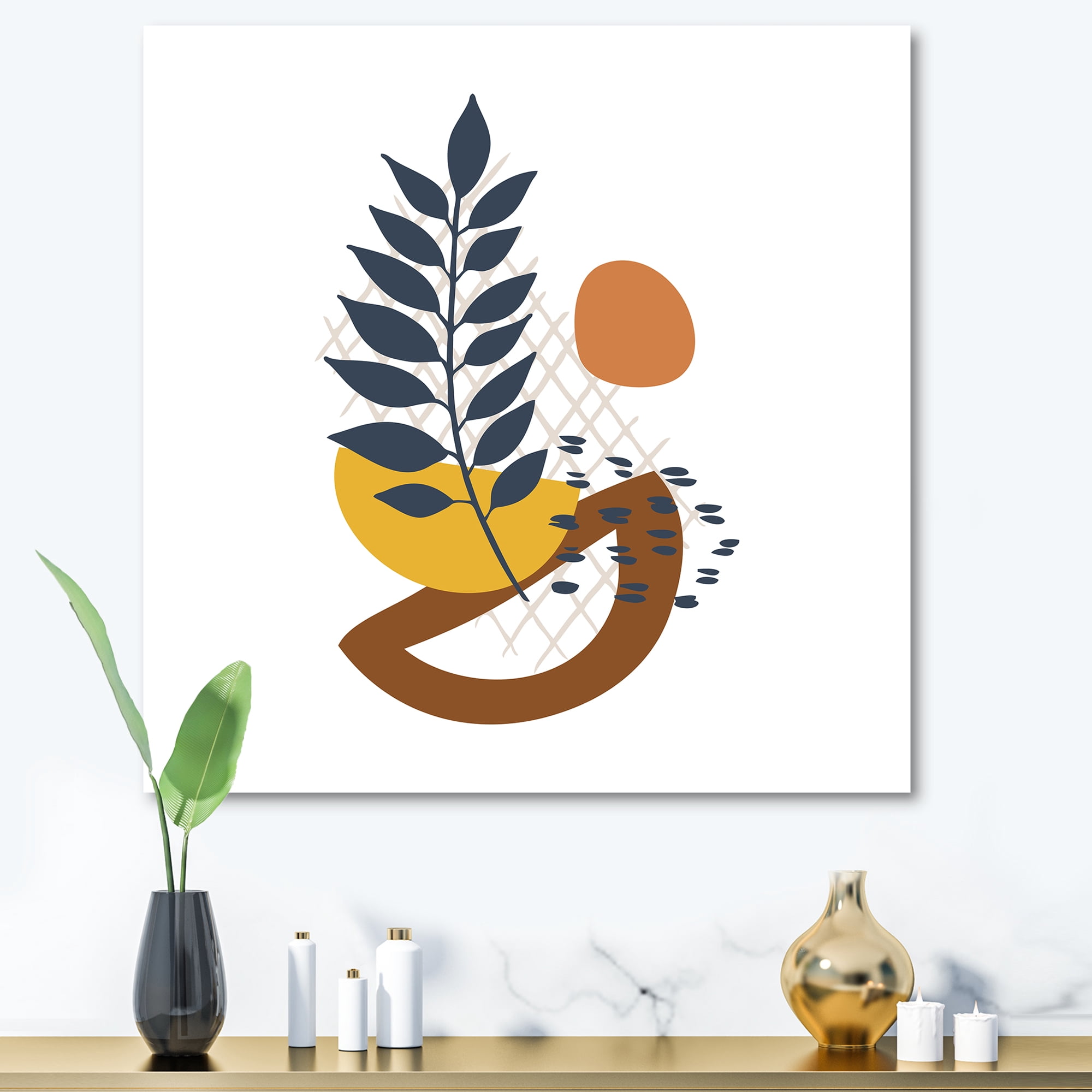 Designart ' Abstract Leaves With Elementary Shapes ' Modern Canvas Wall Art Print