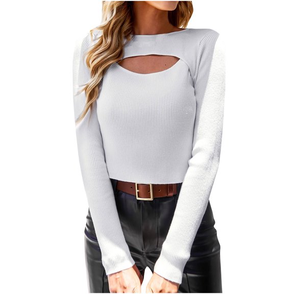 Lilgiuy Ladies Slim Fit Long Sleeve Sweater Solid Color Knit Hollow Top Crew Neck Sweater 2022 Fall Winter