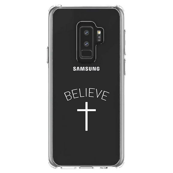 DistinctInk Clear Shockproof Hybrid Case for Samsung Galaxy S9  PLUS (6.2" Screen) - TPU Bumper Acrylic Back Tempered Glass Screen Protector - BELIEVE - Cross, Jesus