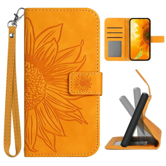 Mantto for Motorola Moto G Play (2023) Wallet Case with Wrist Strap,Stylish Sunflower Embossed PU Leather Shockproof Protective Magnetic Flip Stand Card Slots Protective Phone Cover,Yellow