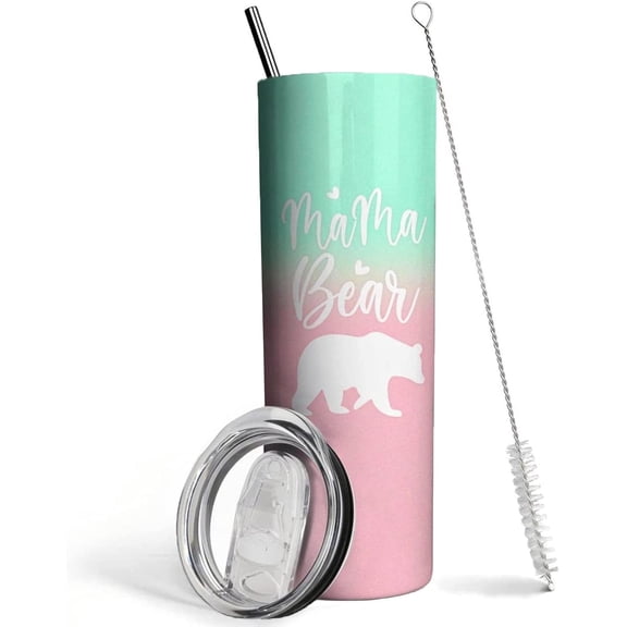 Mama Bear Tumbler with Lid and Straw, Best Mom Ever, Mom Mama Water Tumbler Cup Mug Vacuum Insulated Tumbler,Mothers Day Birthday New Mom Mama Gifts For Women