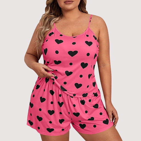 Ailaofu Women's Plus Size Pajama Set 2 Piece Cute Heart Print Lounge Cami Top and Elastic Waist Shorts Pjs Sleepwear
