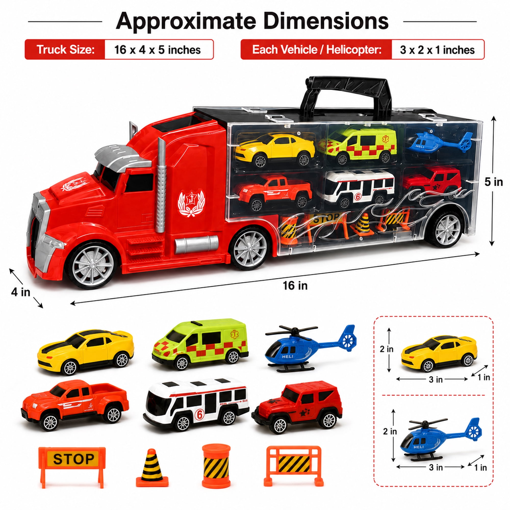 11-Piece Toy Truck Carrier Set with Mini Vehicles, Big Rig Transporter Playset with Cars, Helicopter, Bus & Road Signs, Storage Truck Toy for Kids Ages 3+