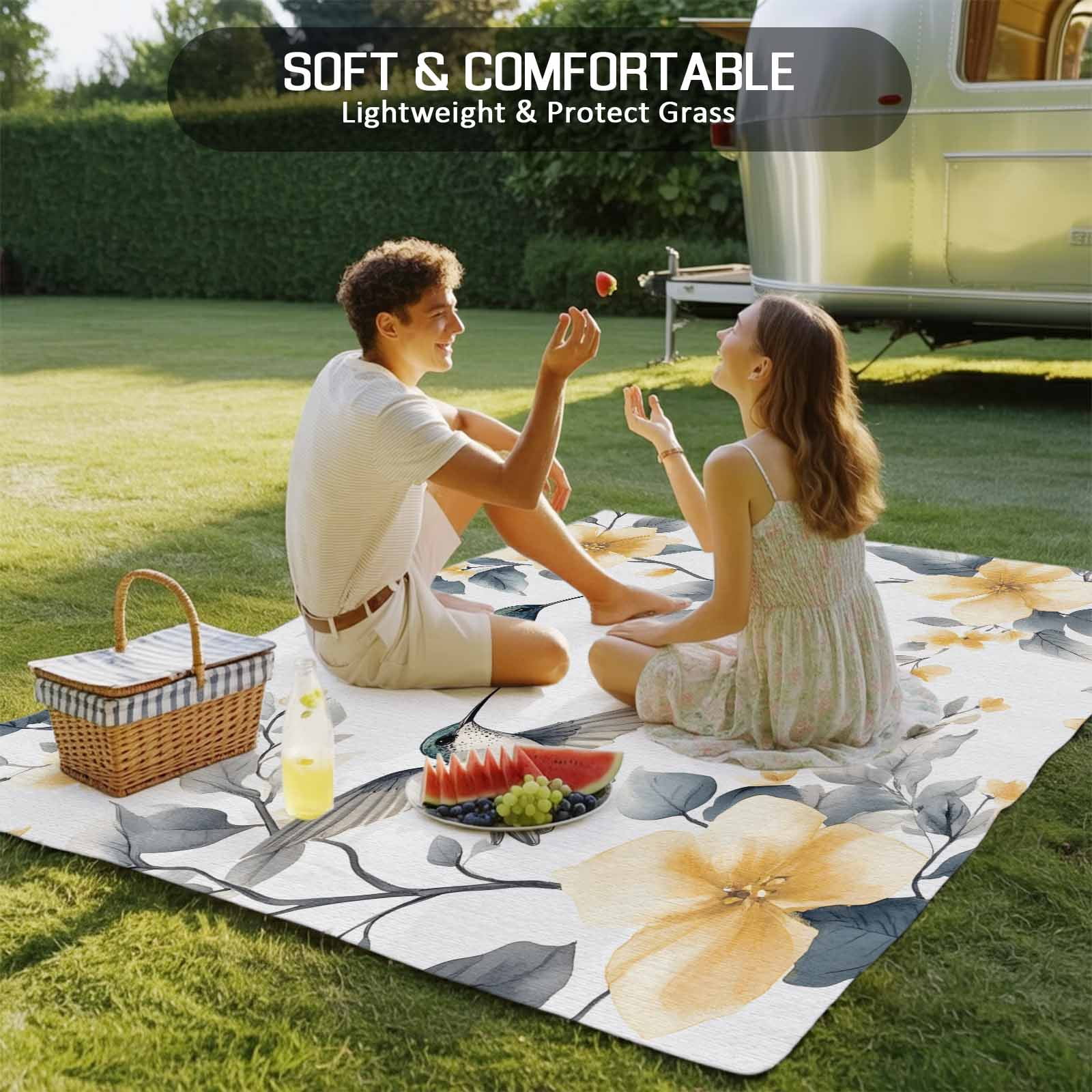 Fsddascl Yellow Grey Spring Floral Outdoor Rug for Patio/Deck/Porch, Non-Slip Large Area Rug 5 x 8 Ft, Birds Summer Botanical Indoor Outdoor Rugs Washable Area Rugs, Reversible Camping Rug Carpet