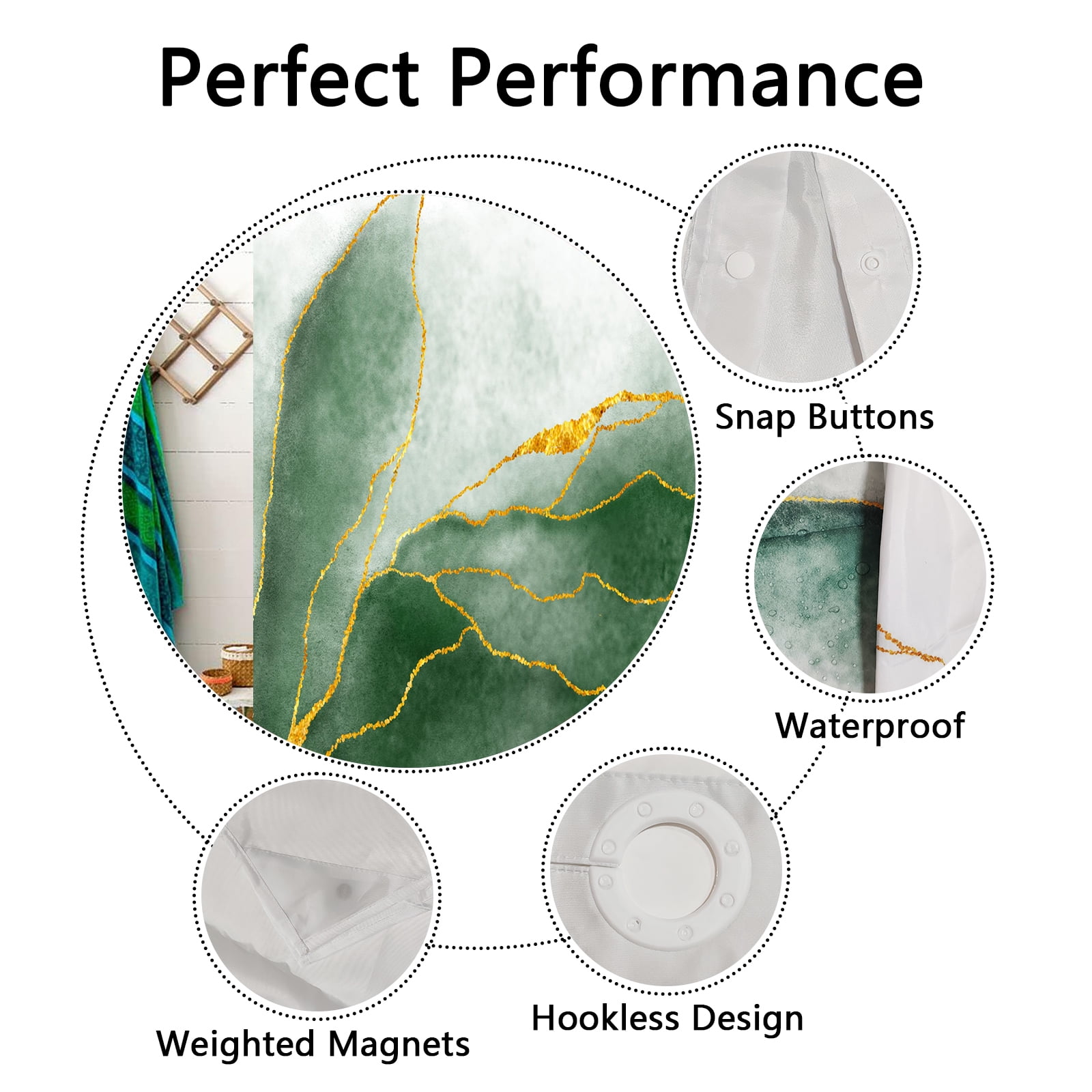 No Hook Ombre Green Gold Marble Shower Curtain and Liner Set, Sage Green Shower Curtain with Snap Liner, Emerald Green Waterproof Curtain with Mesh Top Window, Modern Decor for Bathroom 71" X 74"