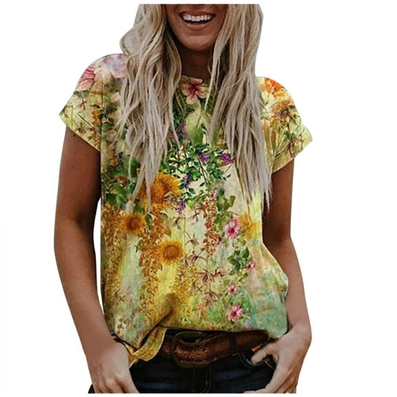 DailyTrove Women's Vibrant Tropical Floral Print Short Sleeve Top - Casual Loose Blouse, Exotic for Beach Vacations & Summer Gatherings