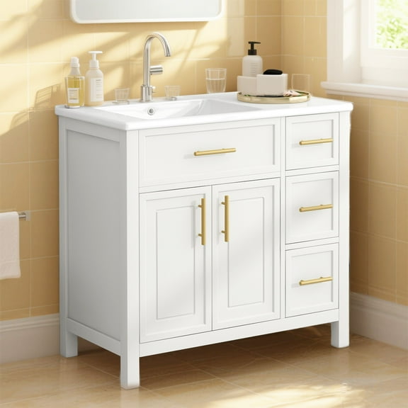 YIYADO 36-inch waterproof bathroom storage cabinet, multifunctional bathroom cabinet, solid wood material, bathroom sink cabinet, white