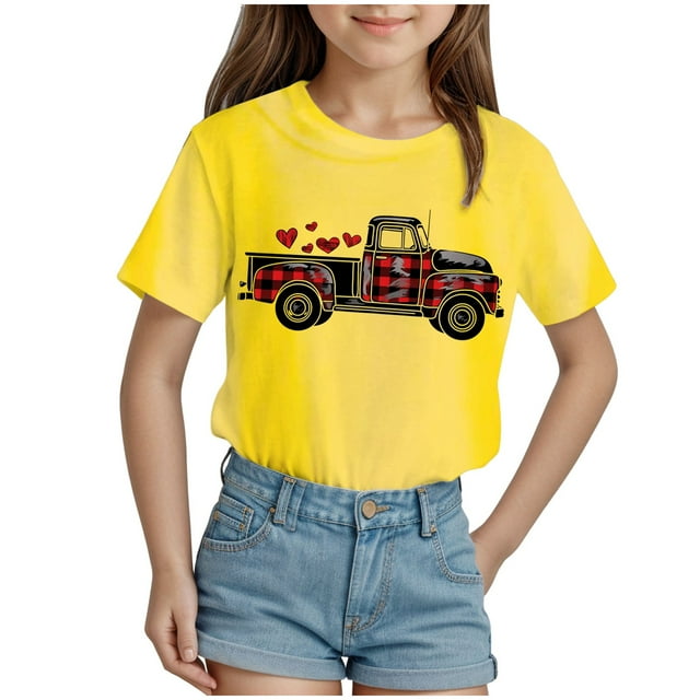 Akiihool Jolis Hauts d'Été pour Filles T-Shirts pour Filles T-Shirts Graphiques T-Shirts à Manches Courtes Col Rond Jolis Hauts d'Été Décontractés Basiques pour Enfants (Jaune, 7-8 Ans)