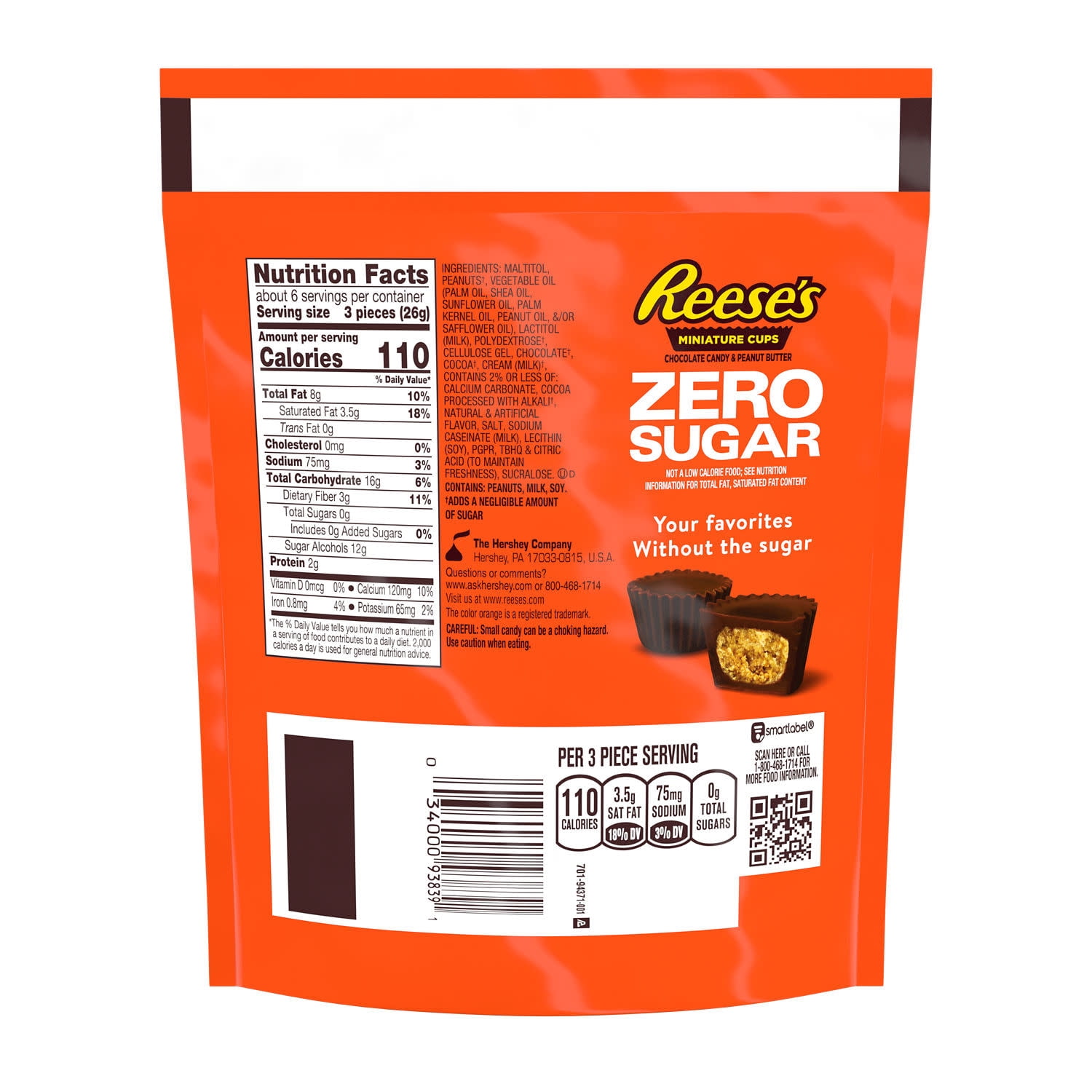 Reese's Zero Sugar Miniatures Chocolate Peanut Butter Cups Candy, Bag 5.1 oz