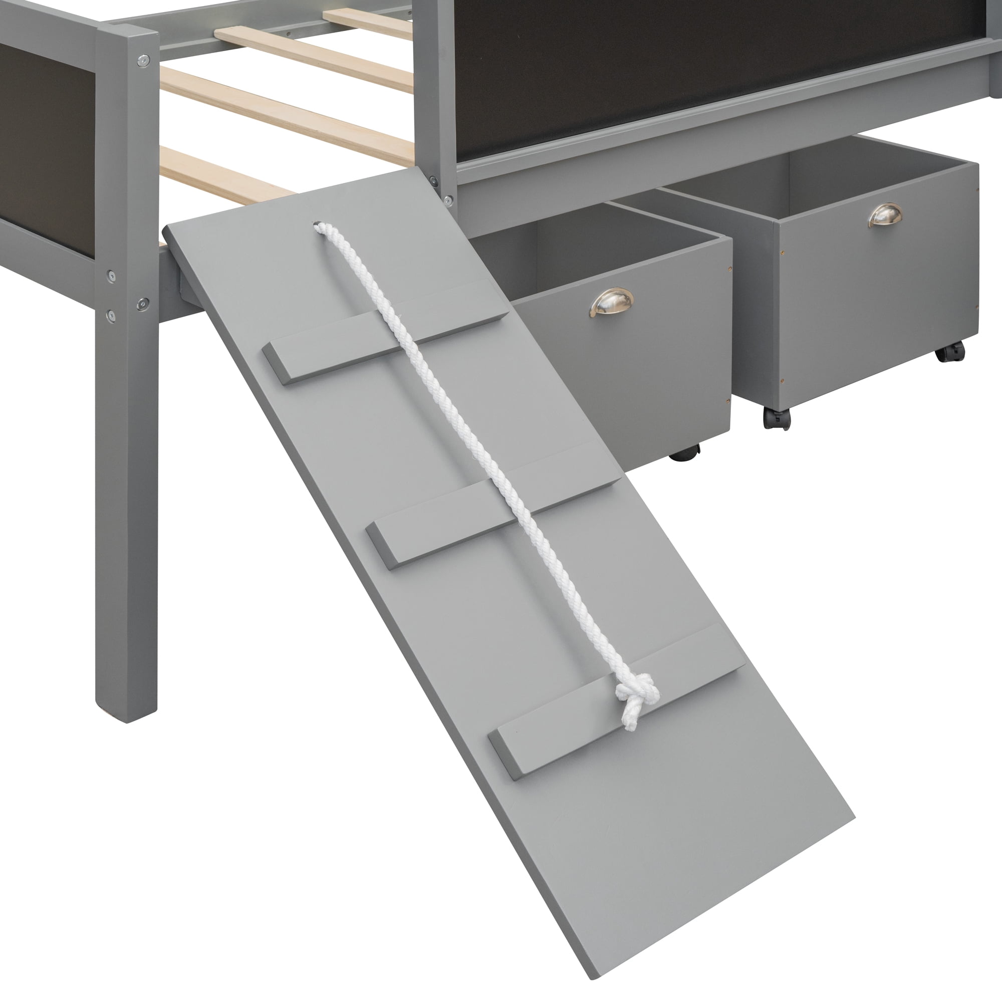 Gewnee Twin Size Wood Loft Bed with Slide,Climbing Frame,Two Movable Drawers and Chalkboard for Kids,Gray