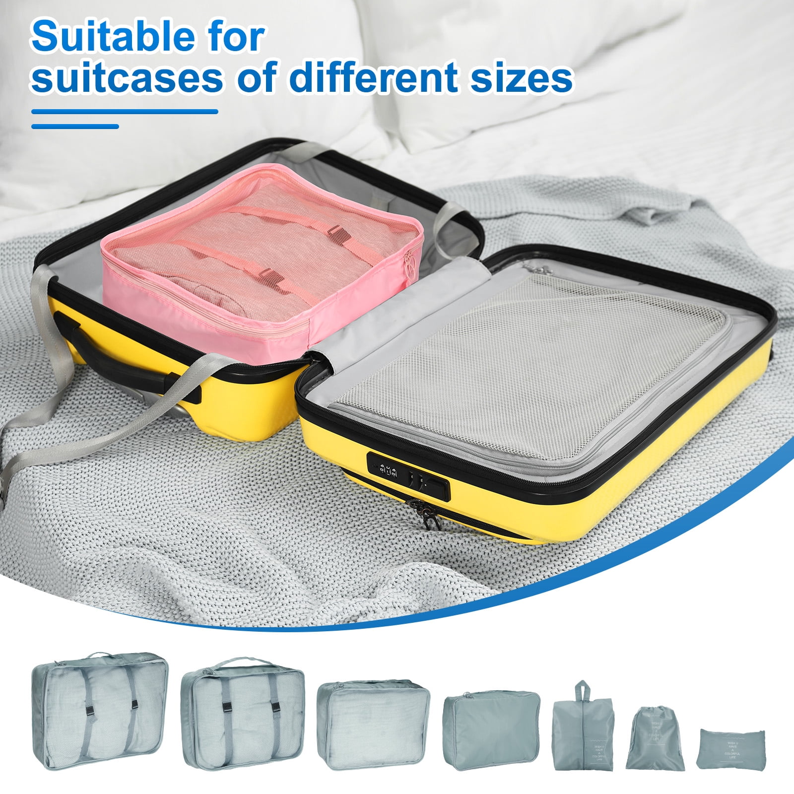 Uxcell 7Set Travel Packing Cube, Travel Bags Organizer Luggage Organizer Bags Lightweight Compression Cube Travel Essentials, Gray