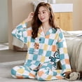 thumbnail image 2 of Pijamas de algodón de otoño para mujer, ropa de dormir a cuadros dulce, pijamas femeninos, trajes de salón informales de manga larga, ropa de dormir con solapa, 2 of 5