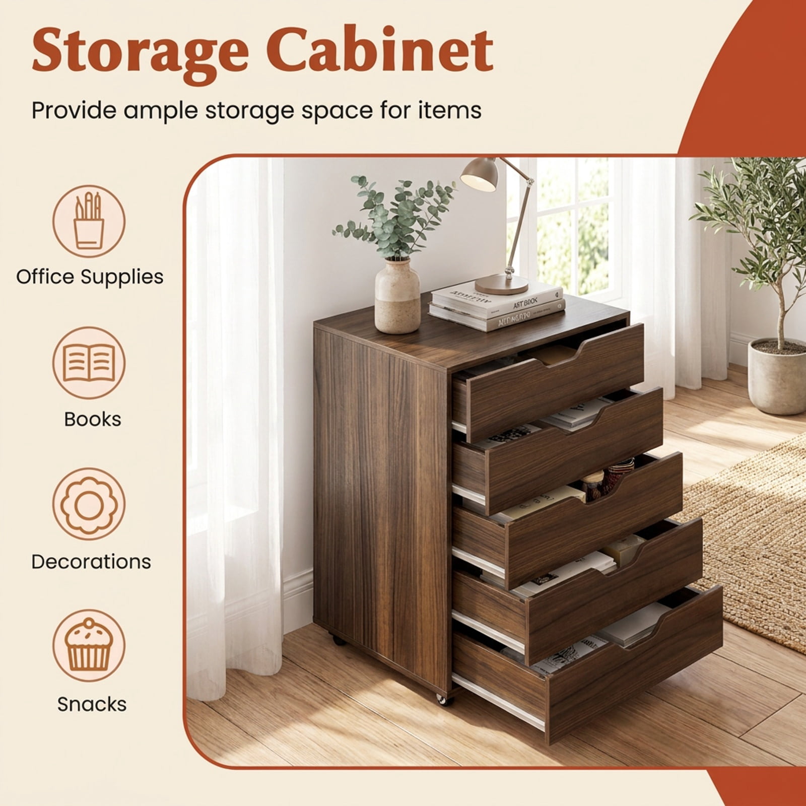 Furnibear 5 Drawer Mobile File Cabinet with Wheels for Living Room for Home Office Filing Document Letter Legal Storage, Walnut