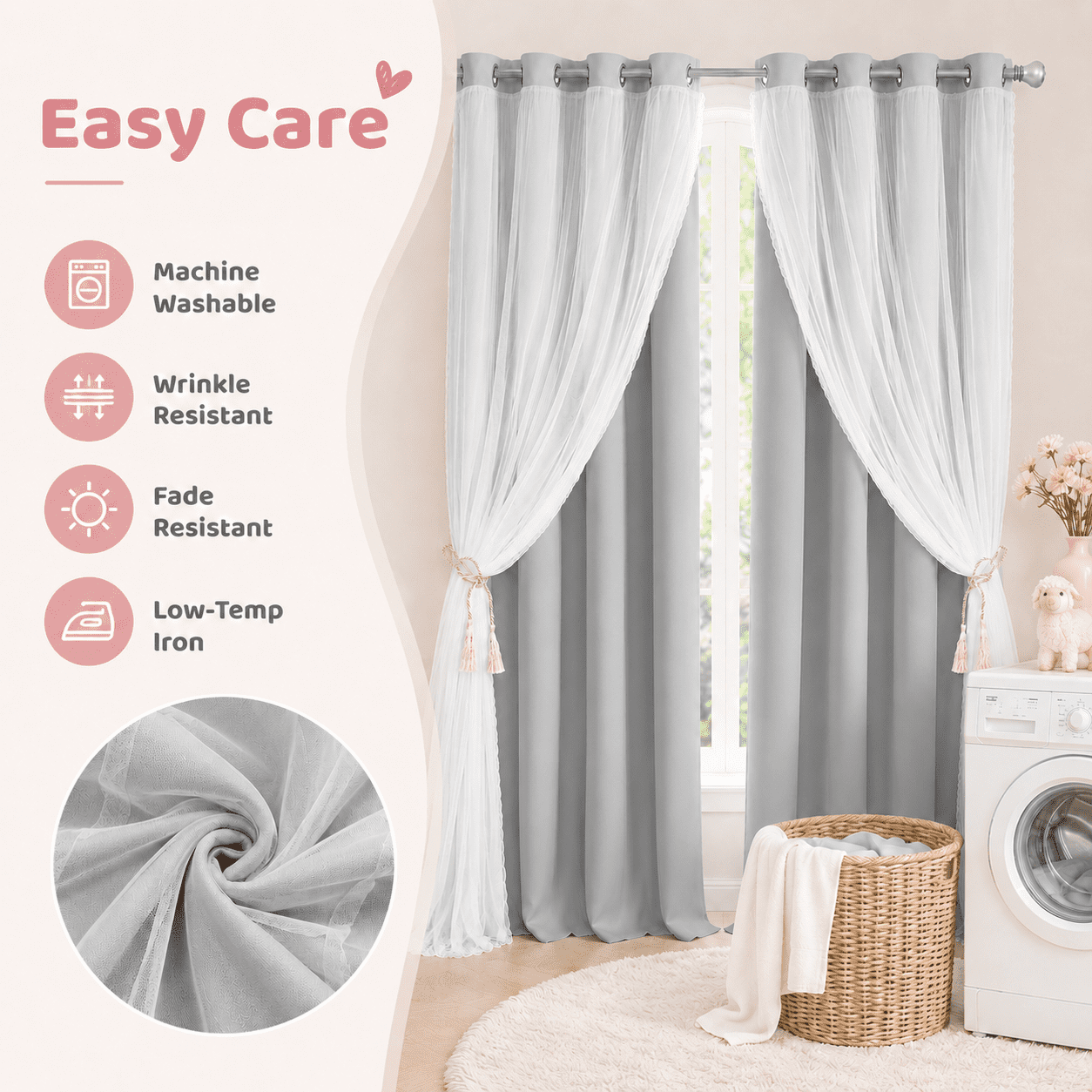 Lapalife Blackout Double Layer Curtains 63inches with Sheer Thermal Insulated Grommet Window Panel for Nursery Bedroom Living Room, 1 Panel