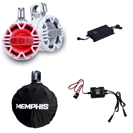 Memphis Audio MM84TW 8 A.T.A.C White Wake Tower Speakers & 800W MX800.4 4-Ch Marine Amp RGB IP66 Bundle
