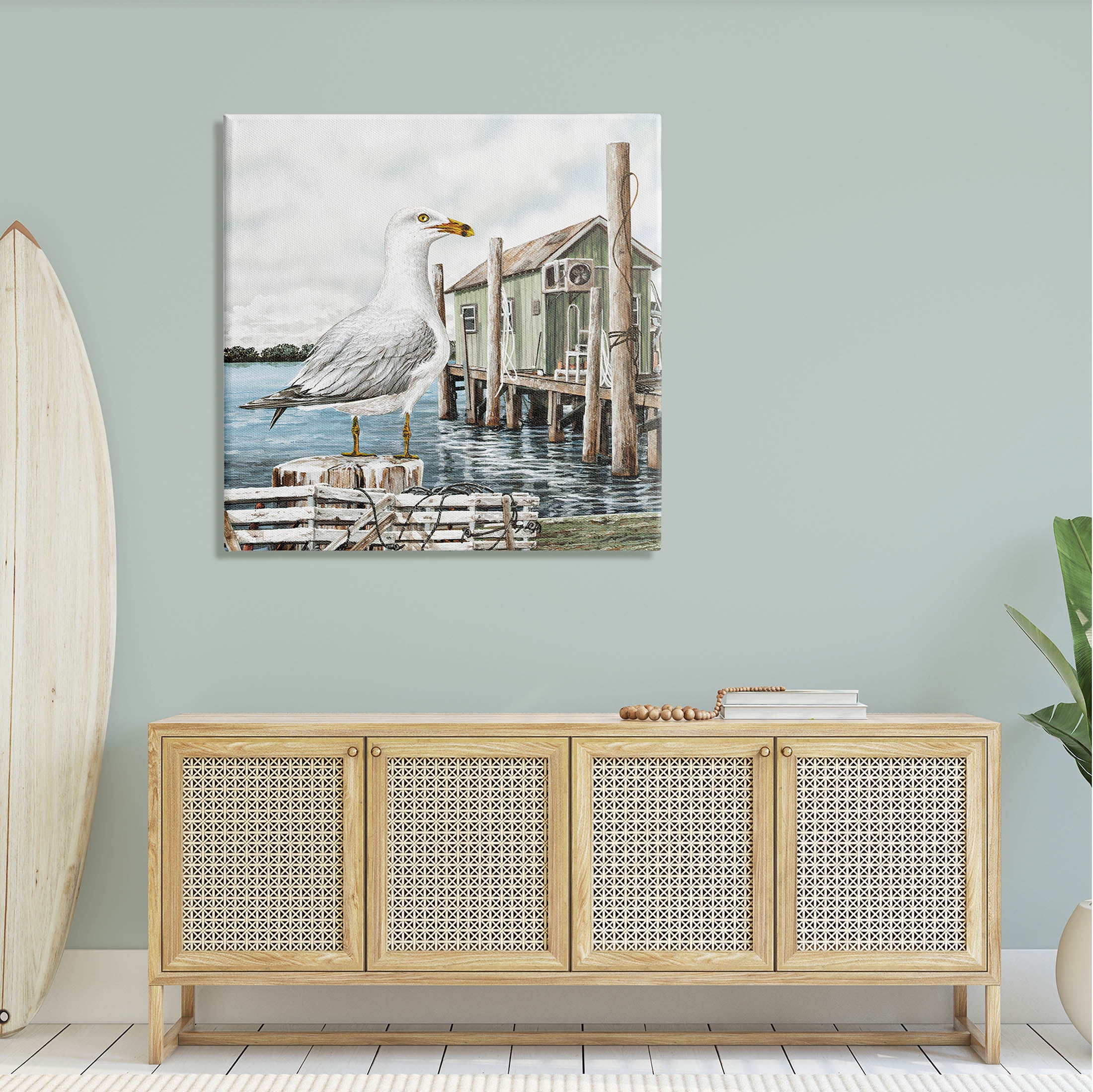 Coastal Seagull Perched Dock Marina Animals & Insects Painting Gallery Wrapped Canvas Print Wall Art
