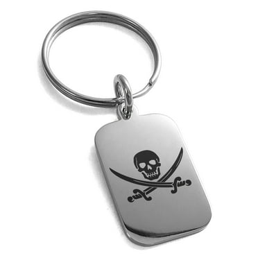 Stainless Steel Pirate Skull & Swords Engraved Small Rectangle Dog Tag Charm Keychain Keyring