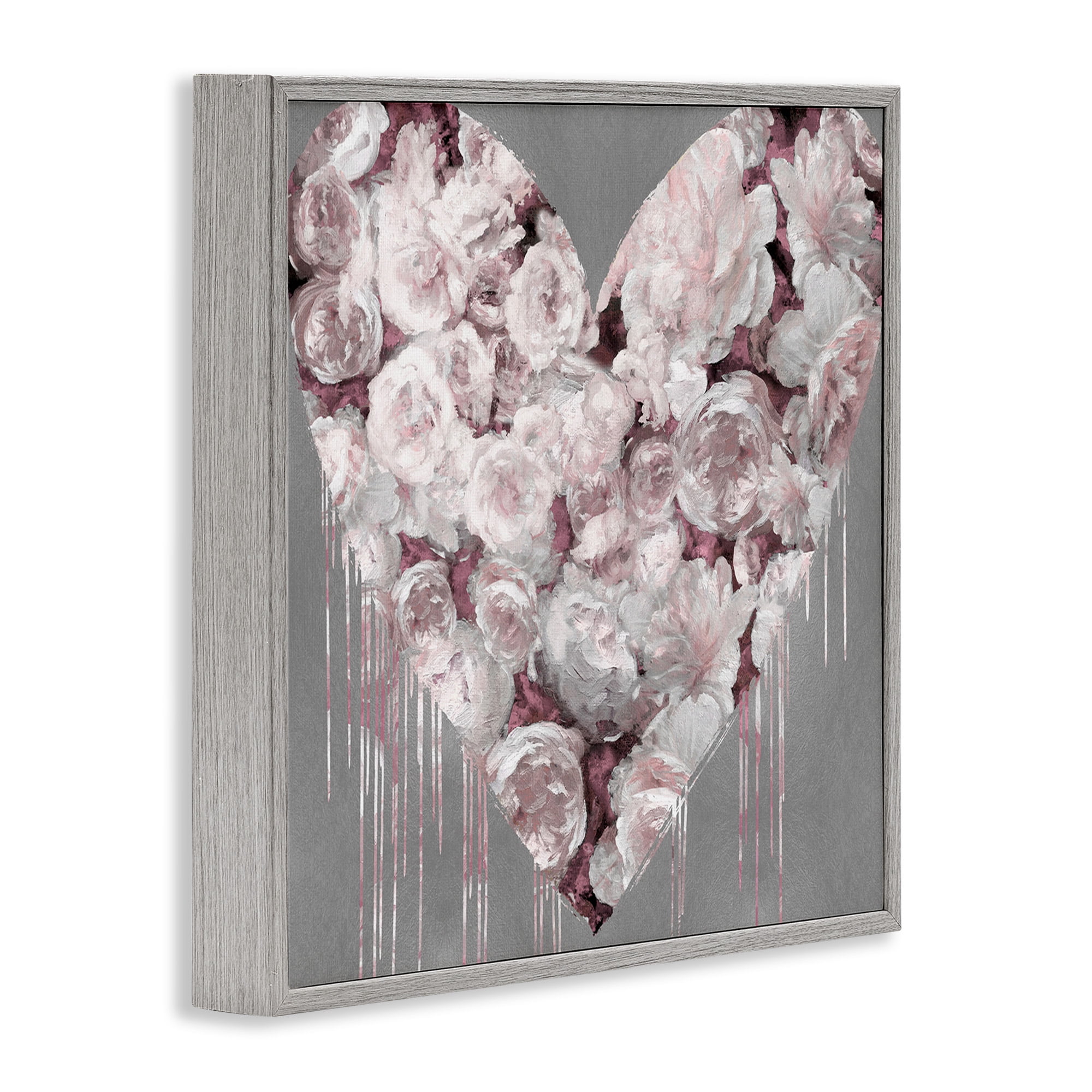 Stupell Industries Pink Rose Heart over Grey Botanical & Floral Painting Gray Framed Art Print Wall Art, 17 x 17