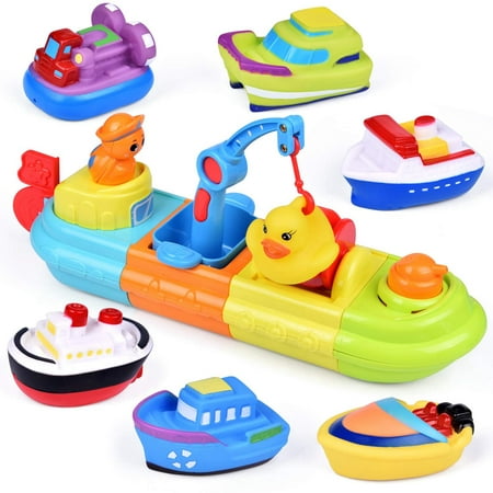 Baby Bath Toys, 7 PCs Toy Boats Include One Big Wind Up Bath Boat and 6 Bath Squirters Toy