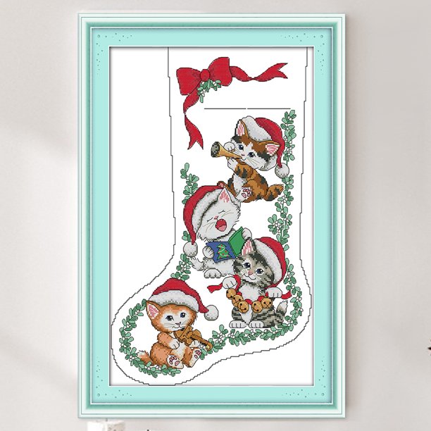 Cuadros Decorativos Bordado completo Hilo de algodón ecológico 16CT Impreso Cat Stocking Kit de punto de cruz DQrwqpou embutido en tela