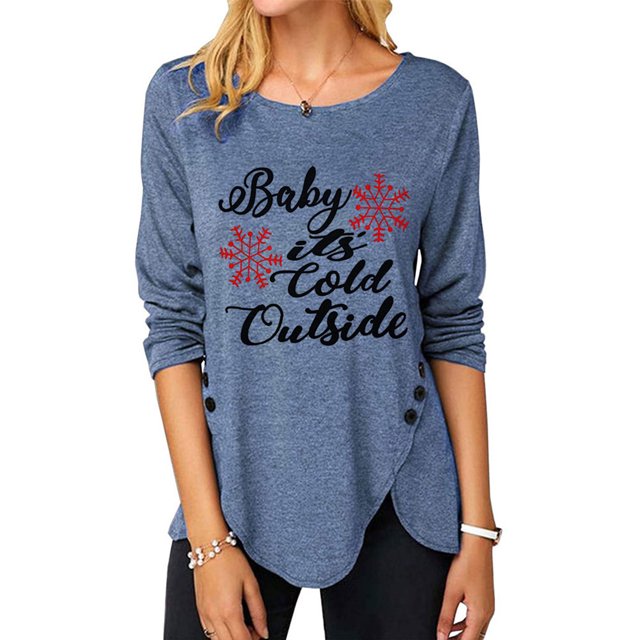 Blusa Estampado Cuello Redondo Dobladillo Irregular Botón Manga Larga Tops De Moda Para Mujer Azul L