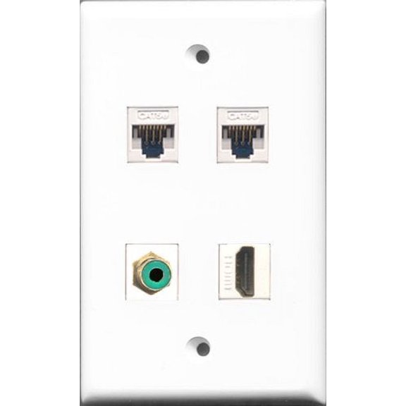 RiteAV - 1 Port HDMI and 1 Port RCA Green 2 Port Cat5e Ethernet White Wall Plate