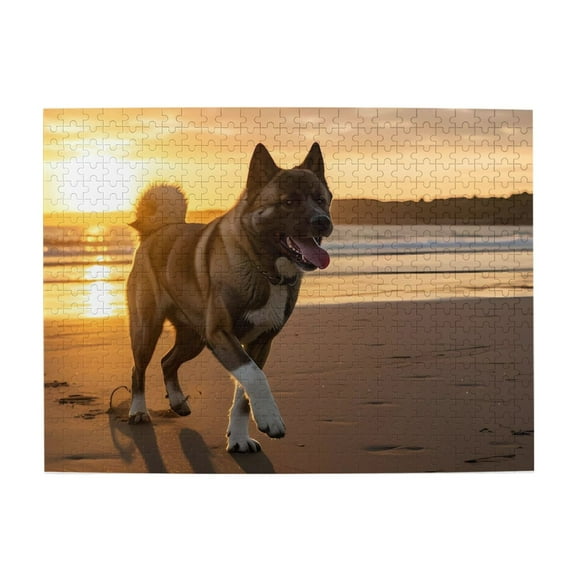 Akita Dog Beach Sunset 500-Piece Wooden Jigsaw Puzzle for Adults, Fun & Challenging Family Brain-Teaser, Perfect Home Decor & Gift