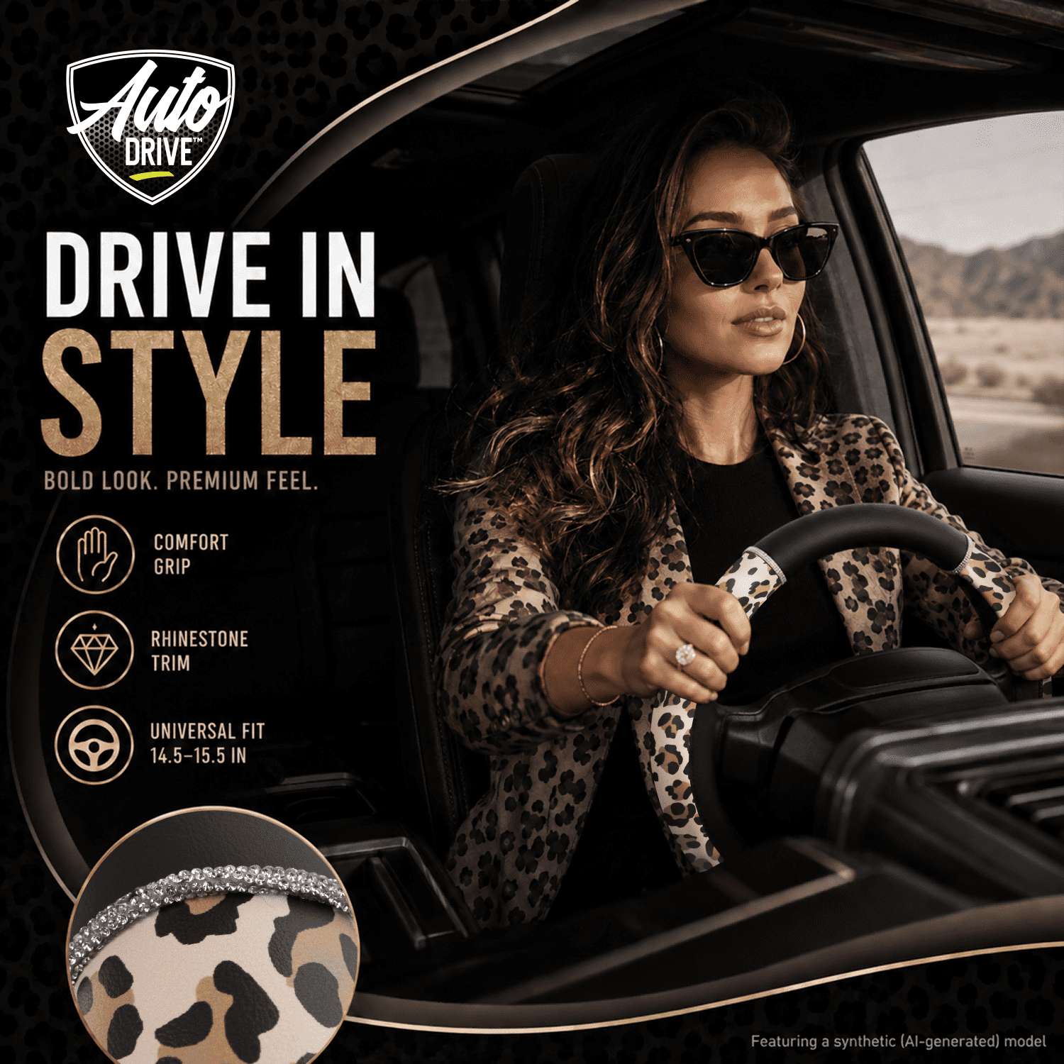 Auto Drive Steering Wheel Cover, Pink Leopard Print with Rhinestone Accents Steering Wheel Cover, Fashion Steering Wheel Cover,Non-Slip Grip, Universal Fit for Cars, SUVs & Trucks,Beige