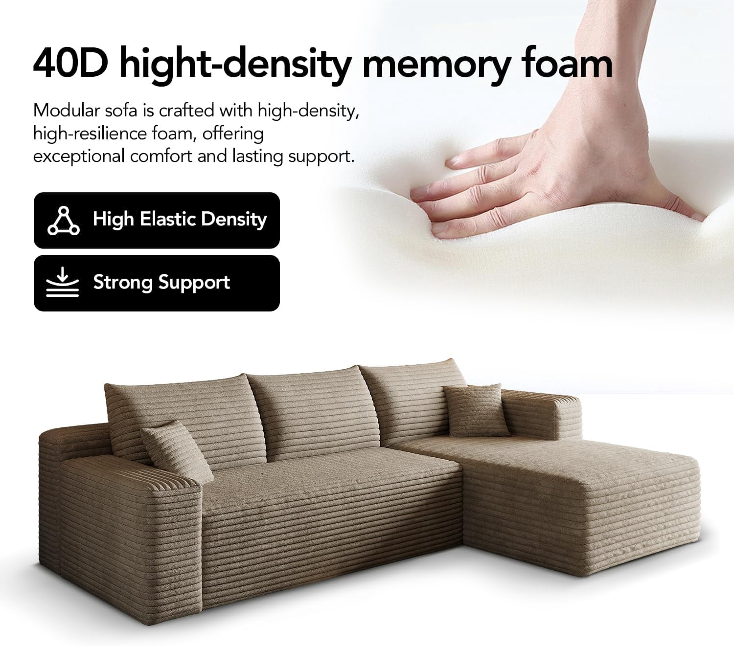 103" Cloud Sectional Sofa, Modern L Shaped Deep Seat Couch, Plush Corduroy Upholstered Sofa No Assembly, Living Room
