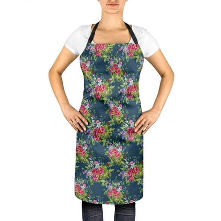

S4Sassy Blue Leaves & Peony Floral Adjustable Printed Kitchen Apron With Tie Back Chef Bib BBQ-24 x 32 Inches