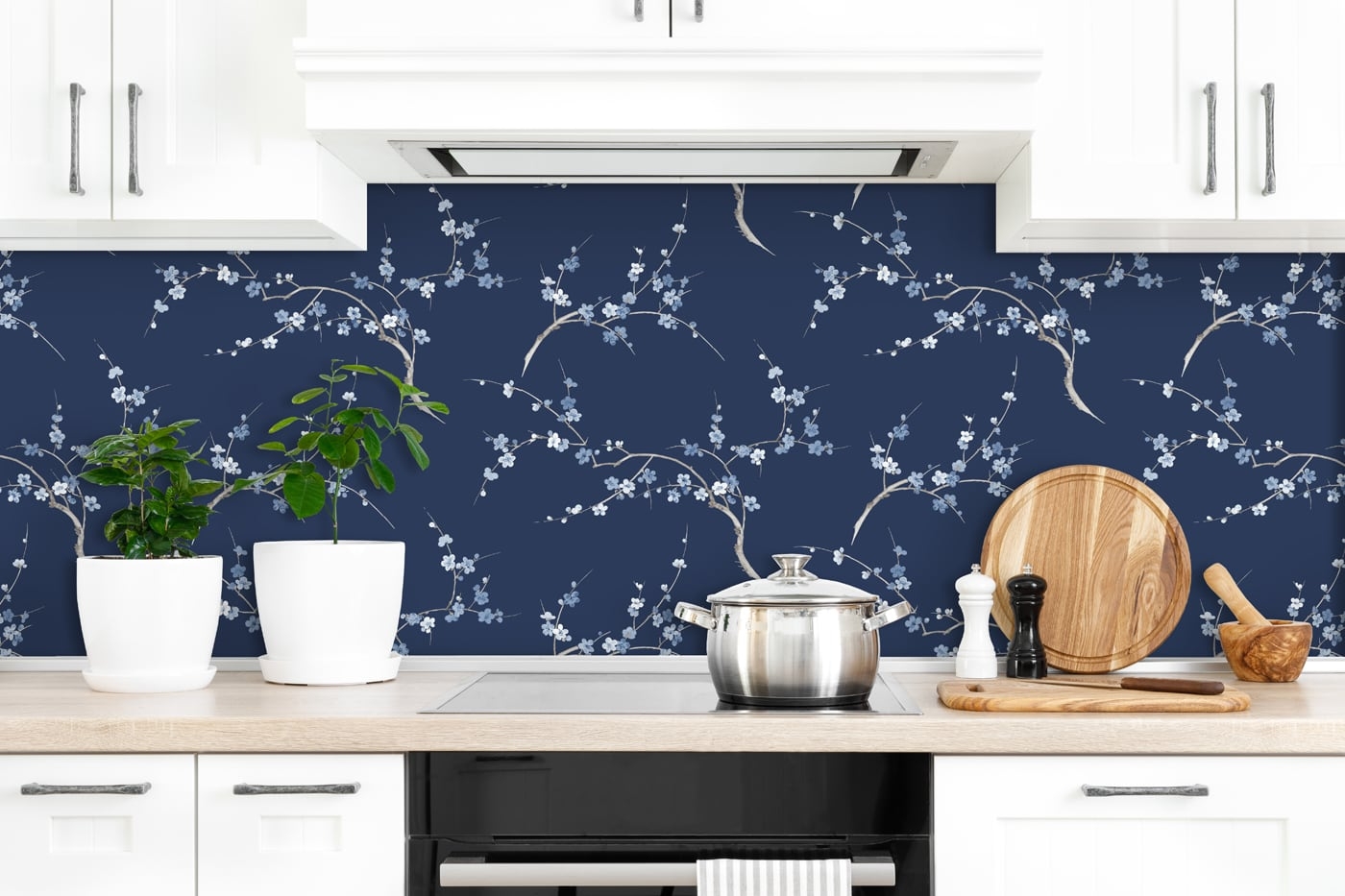 NextWall Navy & Blue Jay Cherry Blossom Floral Peel and Stick Wallpaper