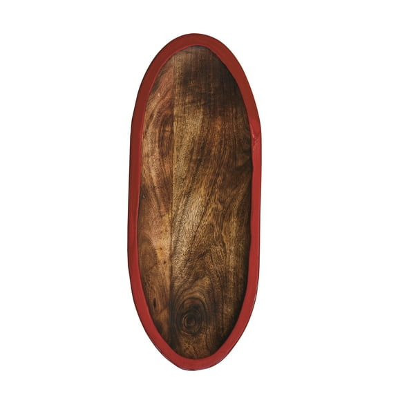 Creative Co-Op Hand-Carved Mango Wood Oval Tray with Enameled Edge, Red