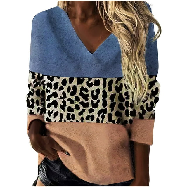 Pompotops T-Shirt Décontracté à Manches Longues pour Femmes Grande Taille Patchwork Léopard Col en V