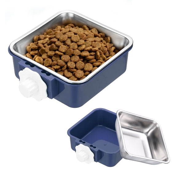 Uxcell Crate Dog Bowl, Removable Stainless Steel Pet Cage Hanging Anti-overturn Food Water Feeder Cage Cup (Square, Dark Blue, 17.7oz), Intended for Puppies/Cat/Rabbit/Bird