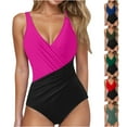 thumbnail image 1 of VBTAPA Women's One Piece Swimsuit Color Block Bathing Suit Tummy Control V Neck Wrapped Ruched Swimwear Limited Time Sales of Today Green M, 1 of 7