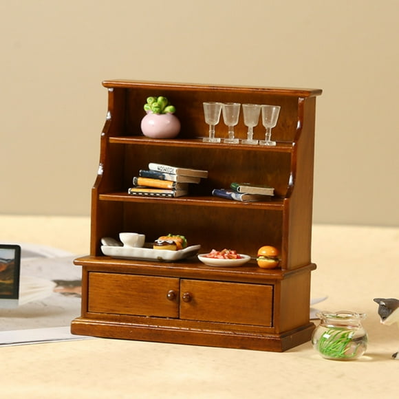 YAOMOBB Exquisite Decor 1:12 Miniature Furniture Wooden Bookcase Cabinet Toy Handmade Ebony Shelf Multi Layer Mini Bookshelf Accessory Kit for House