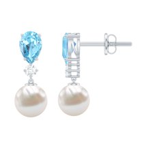 Rosec Jewels 3.5 CT Aquamarine and Moissanite Dangle Earrings with Freshwater Pearl Drop, 18K White Gold