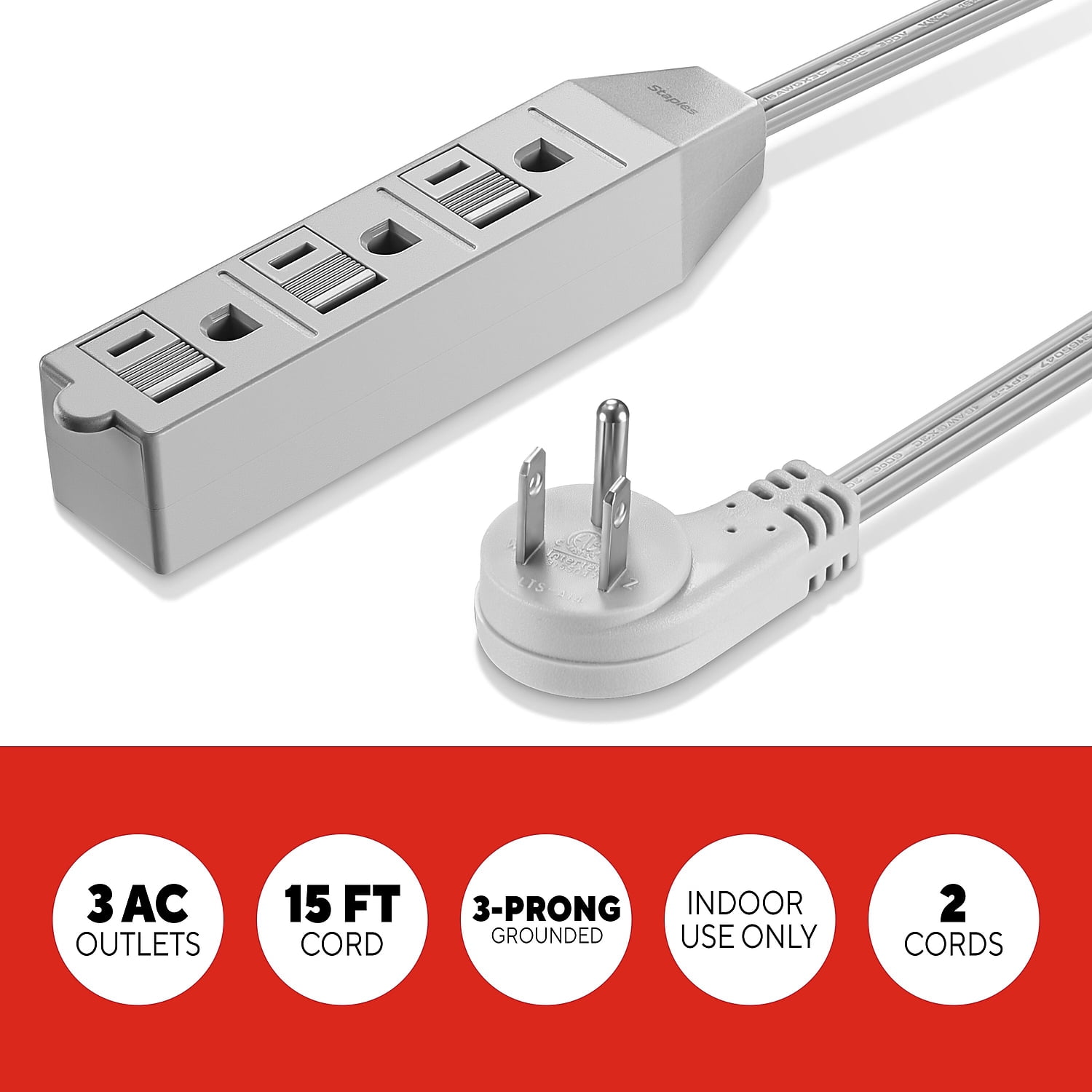 Staples TECH 15' Extension Cord 3-Outlet 16 AWG Gray 2/Pack (ST62347)