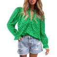 thumbnail image 1 of Blusa PRETTYGARDEN para Mujer con Cuello en V, Manga Abullonada de Encaje, Verde, Talla S, 1 of 6