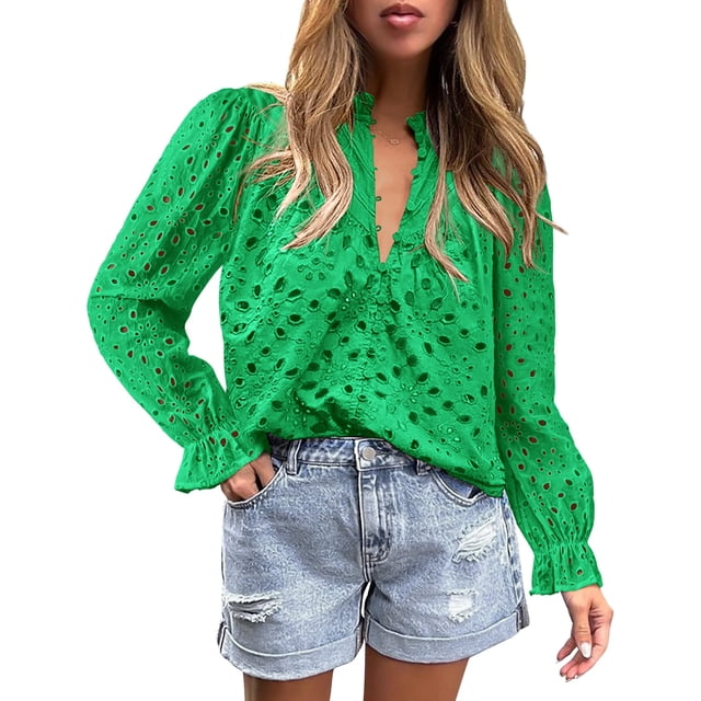 Blusa PRETTYGARDEN para Mujer con Cuello en V, Manga Abullonada de Encaje, Verde, Talla S
