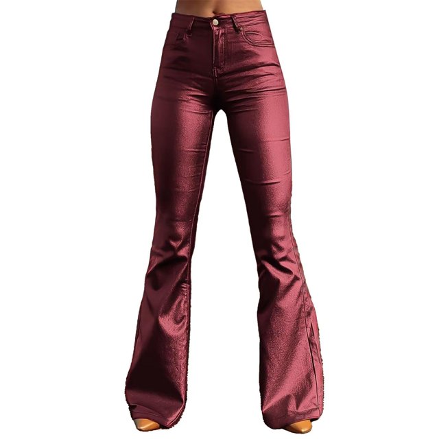 Pantalones con diseño de bota en forma de bota, piel sintética, cintura alta, color rojo, para mujer