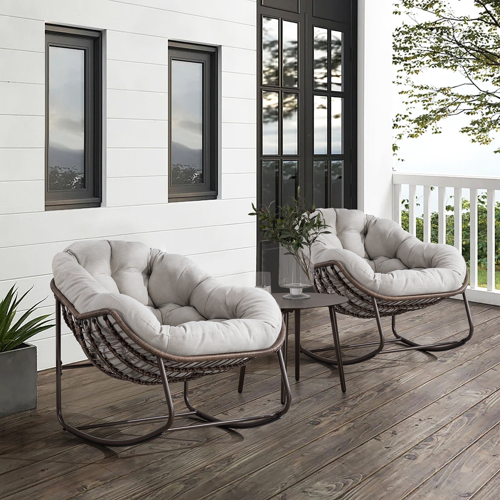 Indoor/Patio Rocking Chair, Oversized Rattan Egg Chair with Steel Frame & Padded Cushion