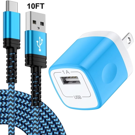 Type C Charger Block,with 3A Android Charger Fast Charging Cable 10ft 5V/1A Usb Charger Block Wall Adapter Plug Brick Phone Chargers for Android Phone Charger Block Type C,Blue