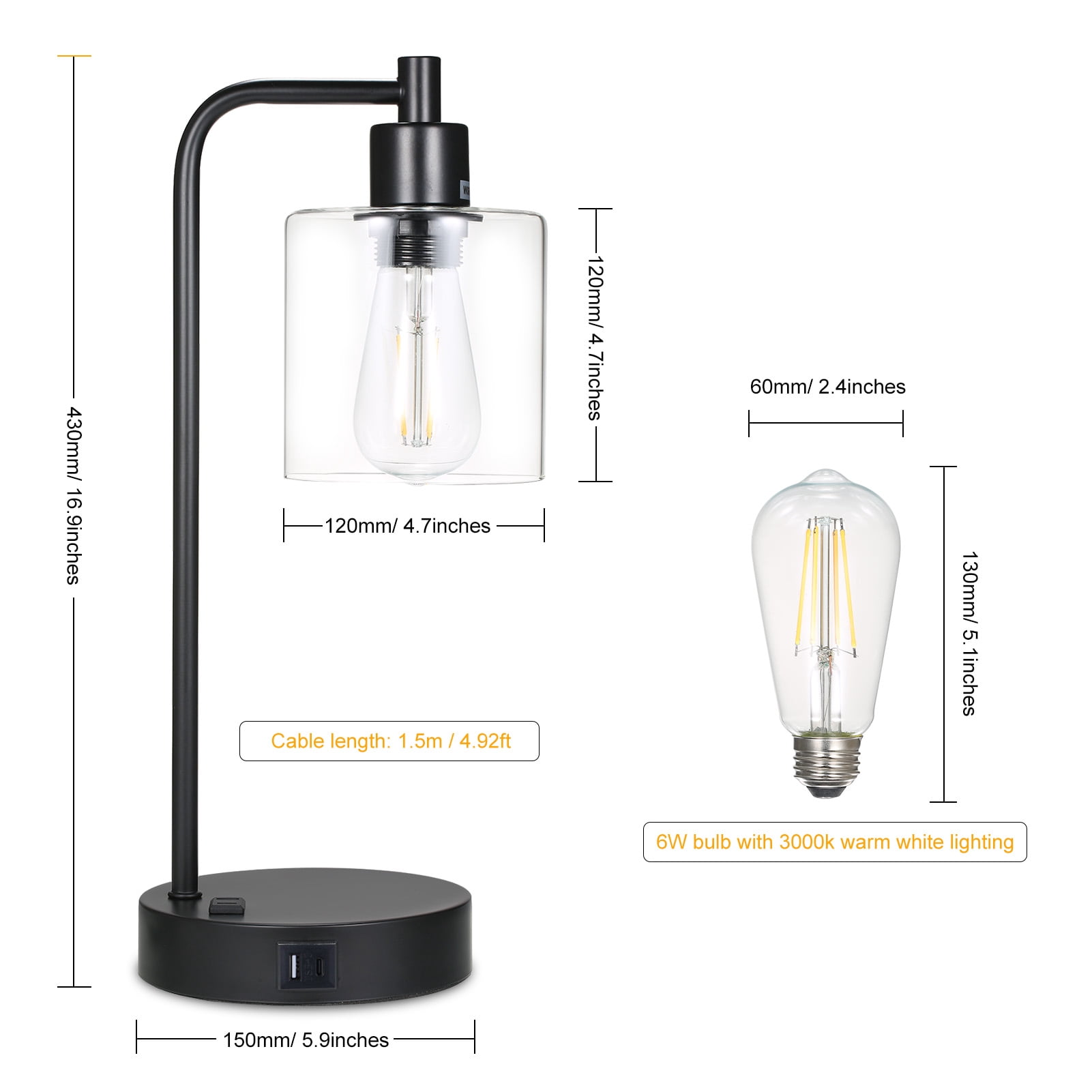 Nosilbek  Industrial Touch Table Lamps for Bedrooms Set of 2, 3-Way Dimmable Nightstand Lamps with USB C+A Ports and Outlet, Black Bedside Lamps with Glass Shade for Living Room Home Office