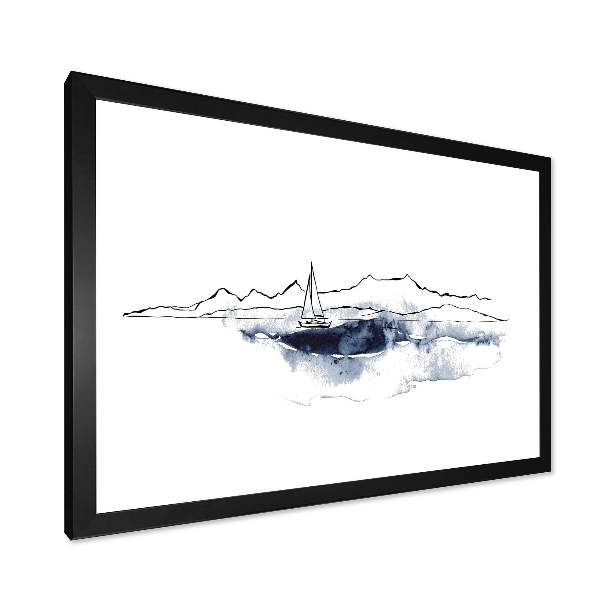 Designart 'Minimalistic Seascape With Boat and Black Mountains' Nautical & Coastal Framed Art Print