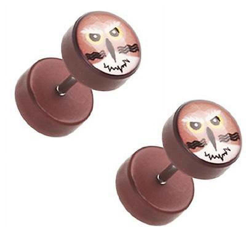 Earrings Rings Brown Owl Acrylic 16g 316L Surgical Steel Fake Plugs Pair